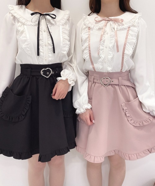 Honey Cinnamon ダブルハートバックルフレアスカート Pink Honey Cinnamon（ハニーシナモン）の「ハートバックルフレア