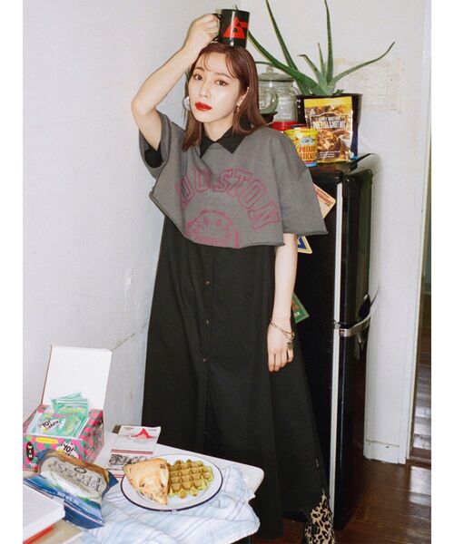 jouetie（ジュエティ）の「カレッジレイヤードシャツワンピース【クロップド】（ワンピース・レディース・アイボリー/ブラック/ネイビー・MEDIUM）」の2枚目の写真