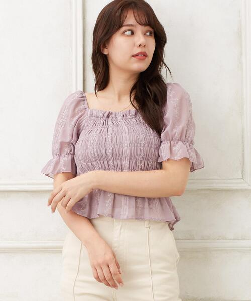 Allamanda（アラマンダ）の「シャーリングトップス／A（Tシャツ/カットソー・レディース・パープル/ブラック/オフホワイト・M）」の3枚目の写真