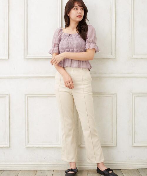 Allamanda（アラマンダ）の「シャーリングトップス／A（Tシャツ/カットソー・レディース・パープル/ブラック/オフホワイト・M）」の14枚目の写真