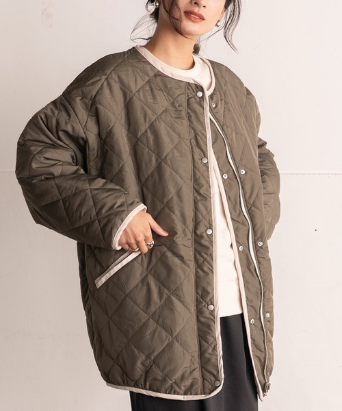 EUCLAID（エウクレイド）の「中わたキルトリバーシブルジャケット（ノーカラージャケット・レディース・ブラック/ブラウン/オフホワイト/カーキ・FREE）」の4枚目の写真