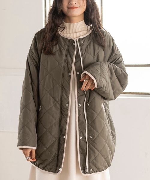 EUCLAID（エウクレイド）の「中わたキルトリバーシブルジャケット（ノーカラージャケット・レディース・ブラック/ブラウン/オフホワイト/カーキ・FREE）」の17枚目の写真