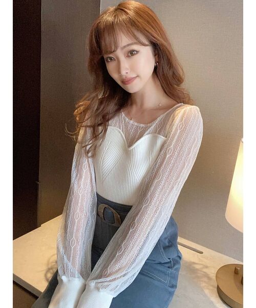 RESEXXY（リゼクシー）の「パフスリーブレースコンビニット（ニット/セーター・レディース・グリーン/ブラック/オフホワイト・FREE）」の2枚目の写真