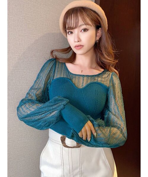 RESEXXY（リゼクシー）の「パフスリーブレースコンビニット（ニット/セーター・レディース・グリーン/ブラック/オフホワイト・FREE）」の3枚目の写真