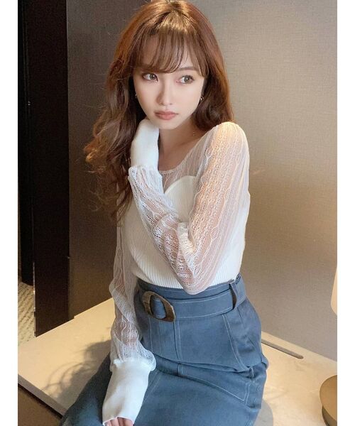 RESEXXY（リゼクシー）の「パフスリーブレースコンビニット（ニット/セーター・レディース・グリーン/ブラック/オフホワイト・FREE）」の4枚目の写真