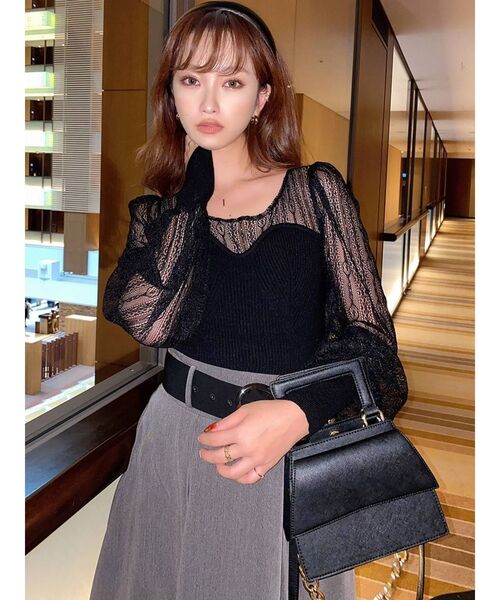 RESEXXY（リゼクシー）の「パフスリーブレースコンビニット（ニット/セーター・レディース・グリーン/ブラック/オフホワイト・FREE）」の9枚目の写真