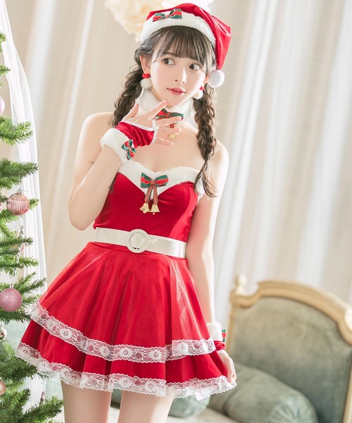 Tika(ティカ)の「サンタ コスプレ かわいい ベアトップ リボン ベルト付き チュール レイヤード フレア ミニ ワンピース 6点セット クリスマス コスチューム サンタコス(コスチューム/パーティーグッズ・レディース・レッド・M)」の1枚目の写真