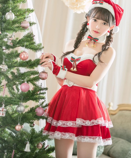 Tika(ティカ)の「サンタ コスプレ かわいい ベアトップ リボン ベルト付き チュール レイヤード フレア ミニ ワンピース 6点セット クリスマス コスチューム サンタコス(コスチューム/パーティーグッズ・レディース・レッド・M)」の2枚目の写真