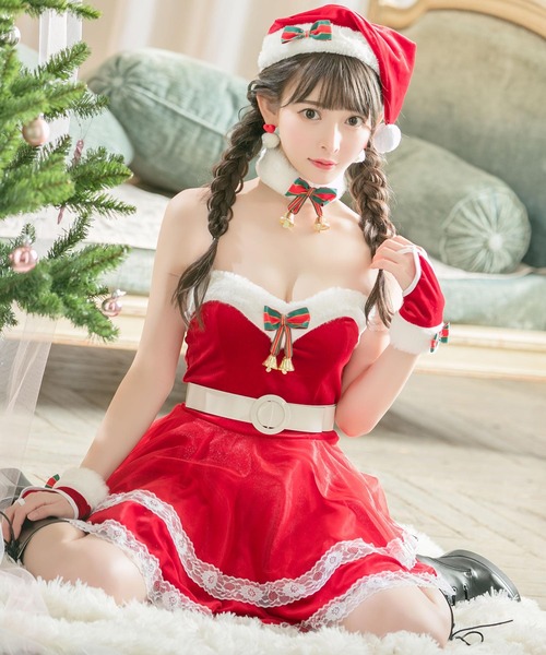 Tika(ティカ)の「サンタ コスプレ かわいい ベアトップ リボン ベルト付き チュール レイヤード フレア ミニ ワンピース 6点セット クリスマス コスチューム サンタコス(コスチューム/パーティーグッズ・レディース・レッド・M)」の4枚目の写真