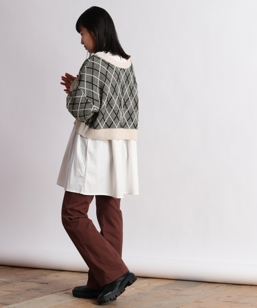cepo(セポ)の「【SET ITEM】アーガイルショートニットカーディガン+ティアードシャツワンピース(カーディガン/ボレロ・レディース・ブラック/パープル/ライム・M)」の9枚目の写真