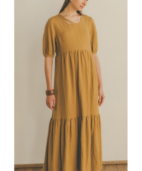 CLANE クラネ ロング ワンピース リネン マスタード SLANT DROP CLANE（クラネ）の「SLANT DROP PUFF ONE PIECE（ワンピース