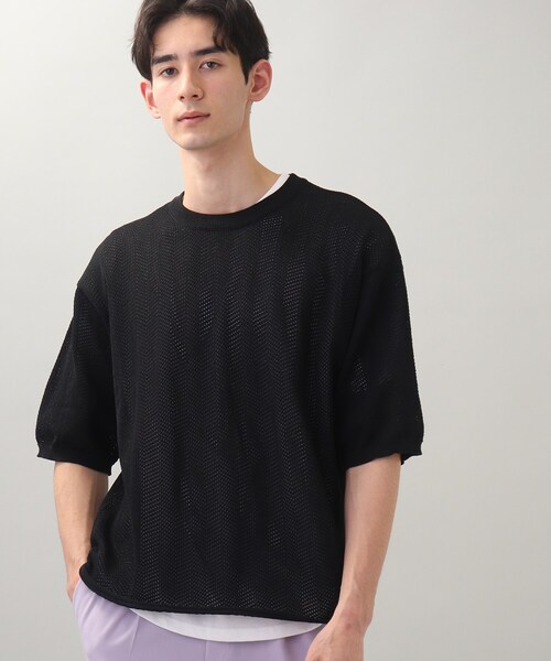 THE SHOP TK （ザ ショップ ティーケー ）の「◆【SETアイテム】メッシュヘリンボンニットレイヤードTシャツ（ニット/セーター・メンズ・チャコールグレー/グリーン/サンドベージュ/マスタード・02/03/04）」の2枚目の写真