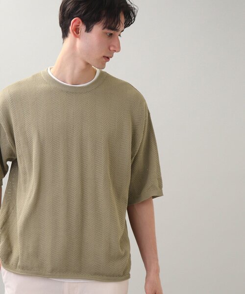 THE SHOP TK （ザ ショップ ティーケー ）の「◆【SETアイテム】メッシュヘリンボンニットレイヤードTシャツ（ニット/セーター・メンズ・チャコールグレー/グリーン/サンドベージュ/マスタード・02/03/04）」の3枚目の写真
