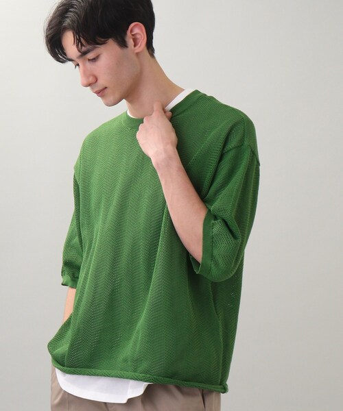 THE SHOP TK （ザ ショップ ティーケー ）の「◆【SETアイテム】メッシュヘリンボンニットレイヤードTシャツ（ニット/セーター・メンズ・チャコールグレー/グリーン/サンドベージュ/マスタード・02/03/04）」の10枚目の写真