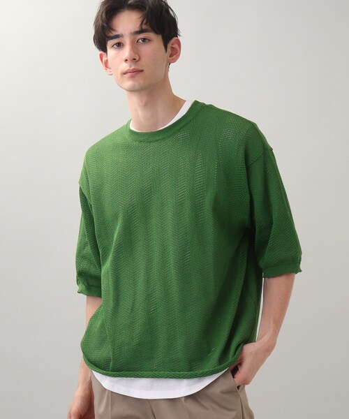 THE SHOP TK （ザ ショップ ティーケー ）の「◆【SETアイテム】メッシュヘリンボンニットレイヤードTシャツ（ニット/セーター・メンズ・チャコールグレー/グリーン/サンドベージュ/マスタード・02/03/04）」の11枚目の写真