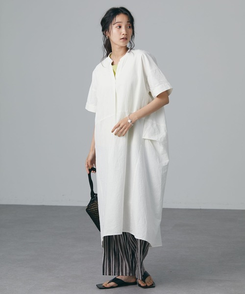 CRAFT STANDARD BOUTIQUE（クラフトスタンダードブティック）の「綿麻スキッパーワンピース　＊◆（ワンピース・レディース・ブラック/オフホワイト/カーキ/マスタード・FREE）」の2枚目の写真