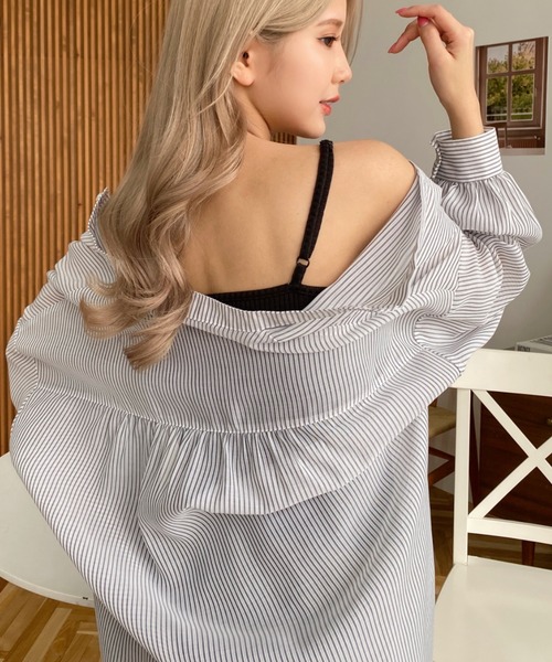 moment+（モーメントプラス）の「シアーストライプバンドカラーボリュームスリーブシャツ（シャツ/ブラウス・レディース・ブラック/ピンク/グリーン/ネイビー・M）」の11枚目の写真