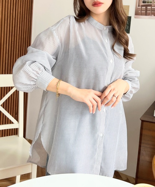 moment+（モーメントプラス）の「シアーストライプバンドカラーボリュームスリーブシャツ（シャツ/ブラウス・レディース・ブラック/ピンク/グリーン/ネイビー・M）」の12枚目の写真