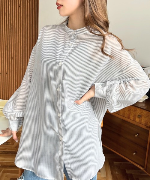 moment+（モーメントプラス）の「シアーストライプバンドカラーボリュームスリーブシャツ（シャツ/ブラウス・レディース・ブラック/ピンク/グリーン/ネイビー・M）」の14枚目の写真