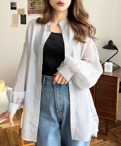 moment+（モーメントプラス）の「シアーストライプバンドカラーボリュームスリーブシャツ（シャツ/ブラウス・レディース・ブラック/ピンク/グリーン/ネイビー・M）」の17枚目の写真