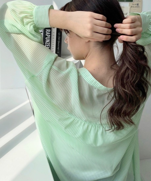 moment+（モーメントプラス）の「シアーストライプバンドカラーボリュームスリーブシャツ（シャツ/ブラウス・レディース・ブラック/ピンク/グリーン/ネイビー・M）」の22枚目の写真