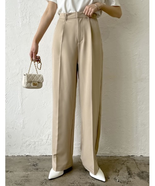 [低身長/高身長/大きいサイズ有]リサイクルストレッチツイルタックワイドパンツ