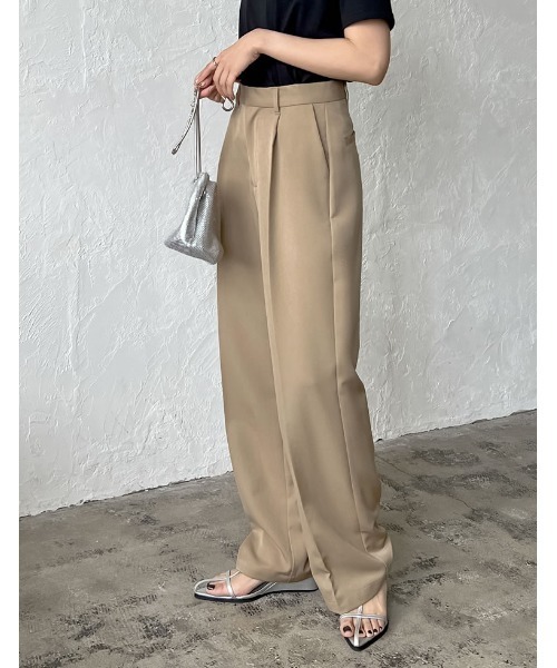 [低身長/高身長/大きいサイズ有]リサイクルストレッチツイルタックワイドパンツ