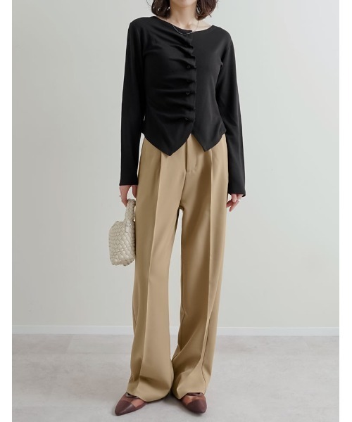 Re:EDIT（リエディ）の「[販売枚数2.2万枚突破！][オフィスカジュアル][低身長/高身長/大きいサイズ有]ストレッチツイルタックワイドパンツ（スラックス・レディース・チャコールグレー/ブラック/ベージュ/モカ/ホワイト系その他/ダークブラウン/ピンク・SHORT/SMALL/MEDIUM/TALL/LARGE/X-LARGE/AL/ALL/AM）」の21枚目の写真