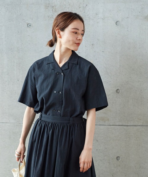 PAR ICI（パーリッシィ）の「先染めBIGチェック/コットンリネン 開襟シャツ(セットアップ対応)（シャツ/ブラウス・レディース・グリーン/ブラック/ブルー・FREE）」の2枚目の写真