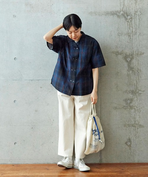 PAR ICI（パーリッシィ）の「先染めBIGチェック/コットンリネン 開襟シャツ(セットアップ対応)（シャツ/ブラウス・レディース・グリーン/ブラック/ブルー・FREE）」の7枚目の写真