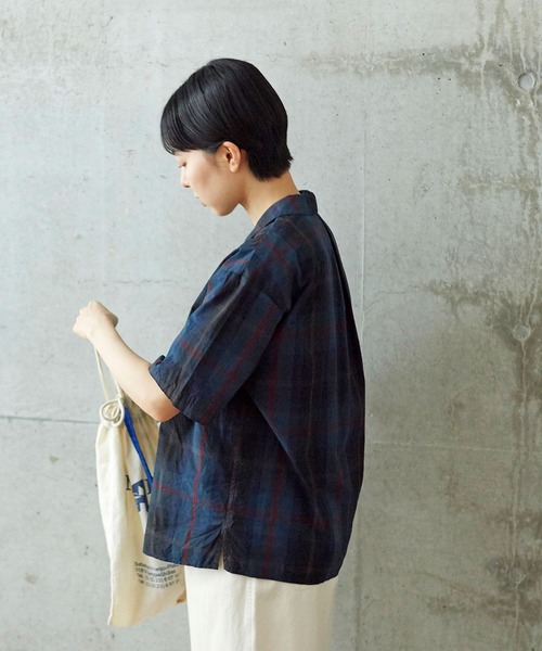 PAR ICI（パーリッシィ）の「先染めBIGチェック/コットンリネン 開襟シャツ(セットアップ対応)（シャツ/ブラウス・レディース・グリーン/ブラック/ブルー・FREE）」の6枚目の写真