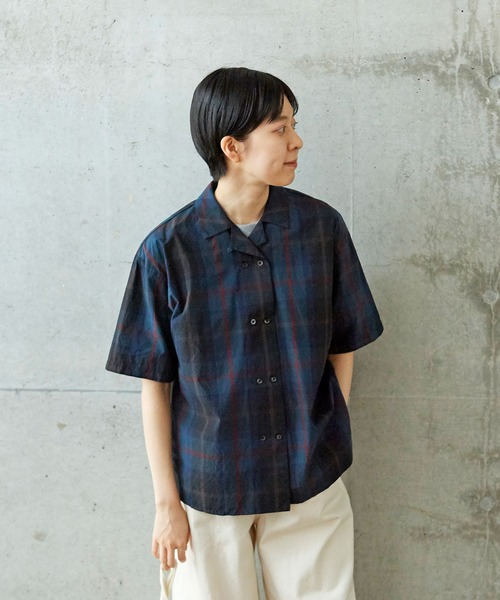 PAR ICI（パーリッシィ）の「先染めBIGチェック/コットンリネン 開襟シャツ(セットアップ対応)（シャツ/ブラウス・レディース・グリーン/ブラック/ブルー・FREE）」の4枚目の写真