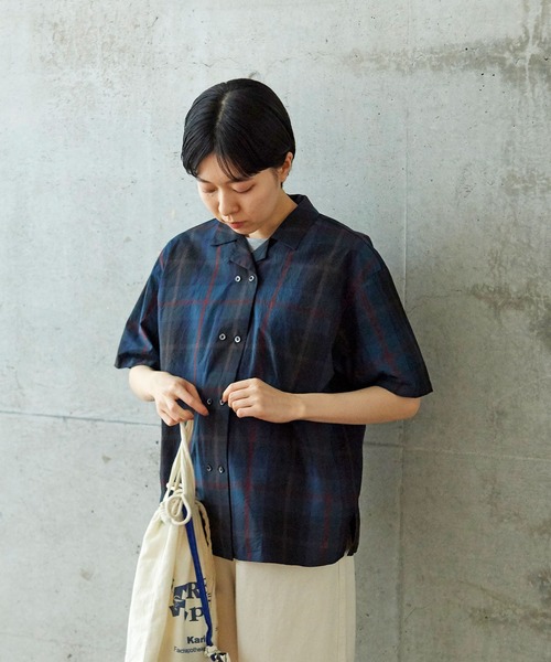 PAR ICI（パーリッシィ）の「先染めBIGチェック/コットンリネン 開襟シャツ(セットアップ対応)（シャツ/ブラウス・レディース・グリーン/ブラック/ブルー・FREE）」の5枚目の写真