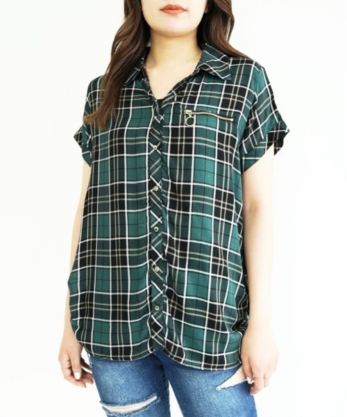 CECIL McBEE（セシルマクビー）の「胸ZIPチェック半袖シャツ（シャツ/ブラウス・レディース・グリーン/ブラック/ベージュ/レッド・MEDIUM/LARGE）」の4枚目の写真