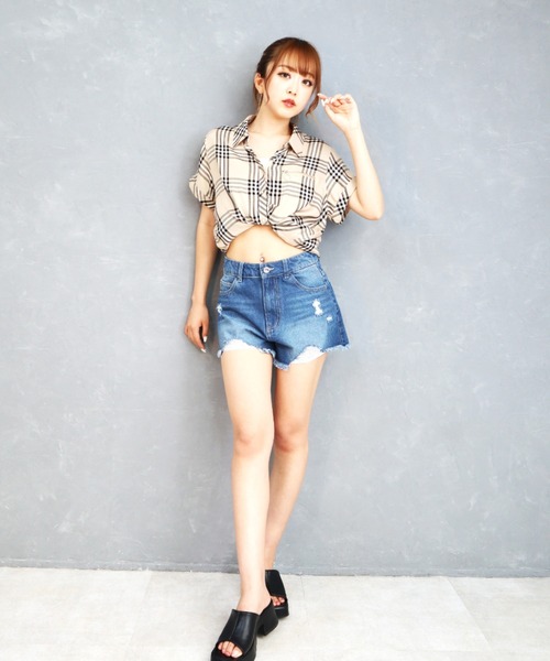 CECIL McBEE（セシルマクビー）の「胸ZIPチェック半袖シャツ（シャツ/ブラウス・レディース・グリーン/ブラック/ベージュ/レッド・MEDIUM/LARGE）」の6枚目の写真
