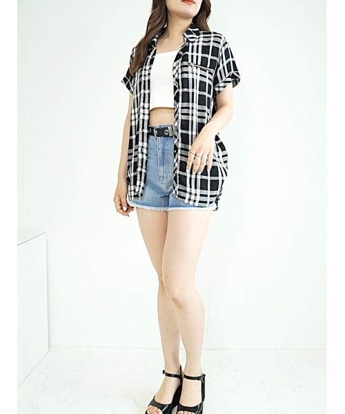 CECIL McBEE（セシルマクビー）の「胸ZIPチェック半袖シャツ（シャツ/ブラウス・レディース・グリーン/ブラック/ベージュ/レッド・MEDIUM/LARGE）」の7枚目の写真