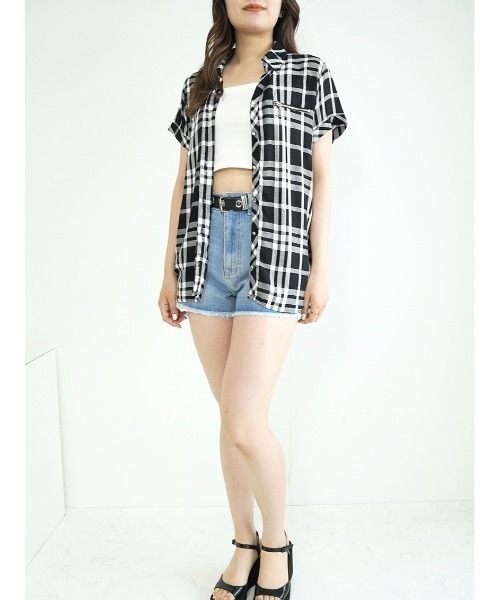 CECIL McBEE（セシルマクビー）の「胸ZIPチェック半袖シャツ（シャツ/ブラウス・レディース・グリーン/ブラック/ベージュ/レッド・MEDIUM/LARGE）」の8枚目の写真