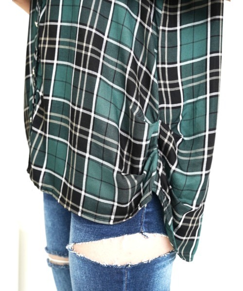 CECIL McBEE（セシルマクビー）の「胸ZIPチェック半袖シャツ（シャツ/ブラウス・レディース・グリーン/ブラック/ベージュ/レッド・MEDIUM/LARGE）」の12枚目の写真