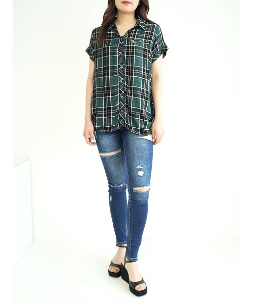 CECIL McBEE（セシルマクビー）の「胸ZIPチェック半袖シャツ（シャツ/ブラウス・レディース・グリーン/ブラック/ベージュ/レッド・MEDIUM/LARGE）」の9枚目の写真