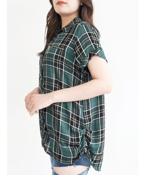 CECIL McBEE（セシルマクビー）の「胸ZIPチェック半袖シャツ（シャツ/ブラウス・レディース・グリーン/ブラック/ベージュ/レッド・MEDIUM/LARGE）」の10枚目の写真