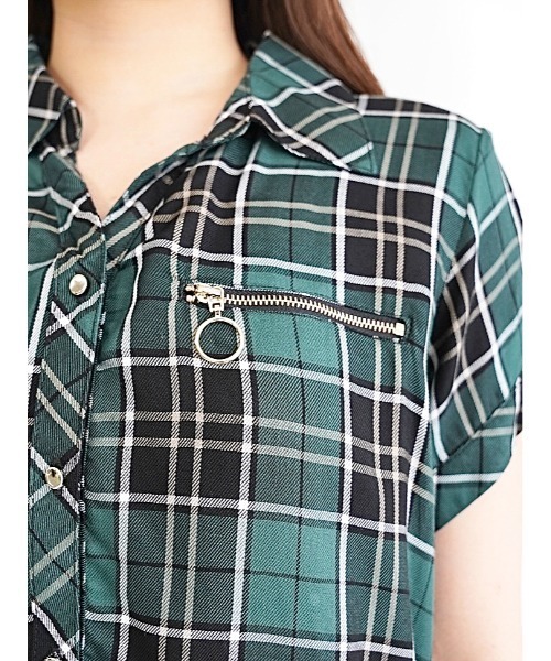 CECIL McBEE（セシルマクビー）の「胸ZIPチェック半袖シャツ（シャツ/ブラウス・レディース・グリーン/ブラック/ベージュ/レッド・MEDIUM/LARGE）」の13枚目の写真