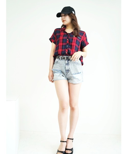 CECIL McBEE（セシルマクビー）の「胸ZIPチェック半袖シャツ（シャツ/ブラウス・レディース・グリーン/ブラック/ベージュ/レッド・MEDIUM/LARGE）」の14枚目の写真
