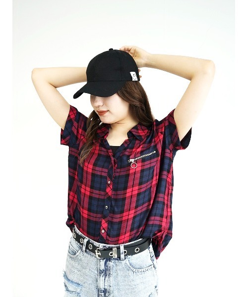 CECIL McBEE（セシルマクビー）の「胸ZIPチェック半袖シャツ（シャツ/ブラウス・レディース・グリーン/ブラック/ベージュ/レッド・MEDIUM/LARGE）」の15枚目の写真