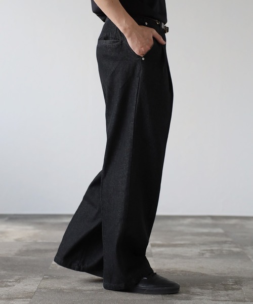 デニム パンツ プリーツデザイン ウオッシュ ルーズ ジーンズ 6 サイドラインウォッシュワイドデニムパンツ | レディース