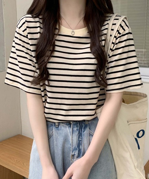 Girly Doll(ガーリードール)の「ボーダーTシャツ(Tシャツ/カットソー・レディース・ブラウン/グリーン/ベージュ系その他/ベージュ×ブラック・FREE)」の3枚目の写真
