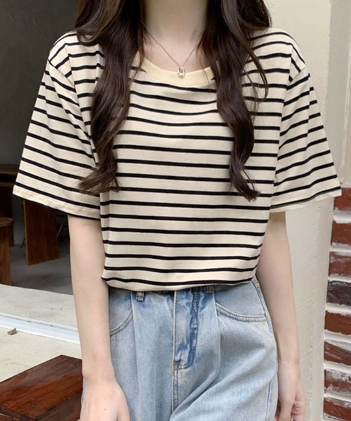 Girly Doll(ガーリードール)の「ボーダーTシャツ(Tシャツ/カットソー・レディース・ブラウン/グリーン/ベージュ系その他/ベージュ×ブラック・FREE)」の10枚目の写真