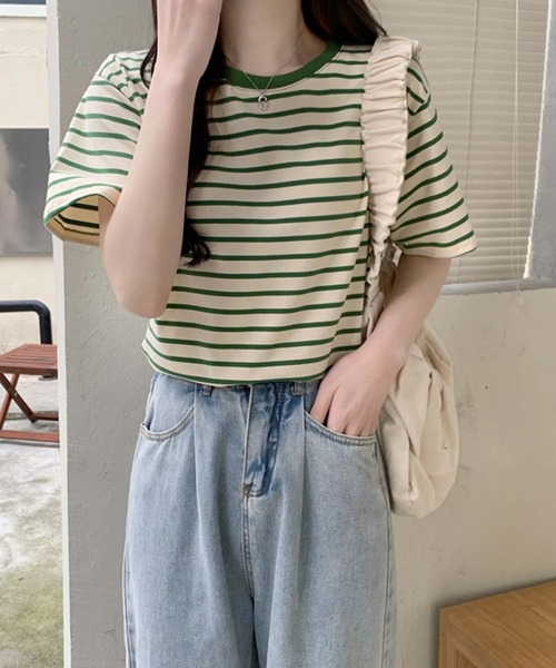 Girly Doll(ガーリードール)の「ボーダーTシャツ(Tシャツ/カットソー・レディース・ブラウン/グリーン/ベージュ系その他/ベージュ×ブラック・FREE)」の5枚目の写真