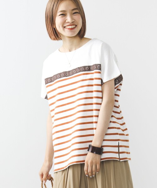 BEAMS HEART(ビームスハート)の「BEAMS HEART / レース付 ボーダープルオーバー(Tシャツ/カットソー・レディース・グリーン/オレンジ/ブルー・FREE)」の6枚目の写真