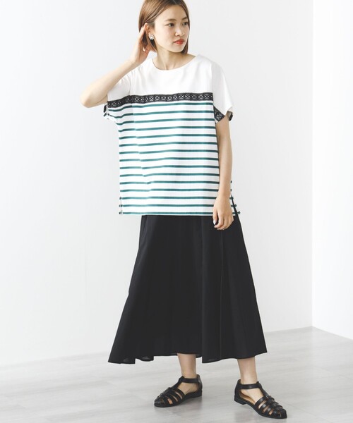BEAMS HEART(ビームスハート)の「BEAMS HEART / レース付 ボーダープルオーバー(Tシャツ/カットソー・レディース・グリーン/オレンジ/ブルー・FREE)」の8枚目の写真