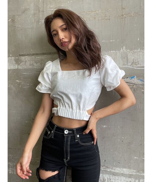 GYDA（ジェイダ）の「ハーフスリーブBACKリボンスクエアネックブラウス（シャツ/ブラウス・レディース・オリーブ/ブラック/オフホワイト・FREE）」の2枚目の写真